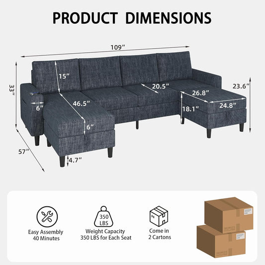 Sectional Couches for Living Room, 4 Seat Linen Sectional Sofa with Reversible Chaise Lounge/Storage Ottoman, U Shaped Couch with Smart Module-Wireless Charging/Usb/Type-C/Rgb Light (Blue)-1
