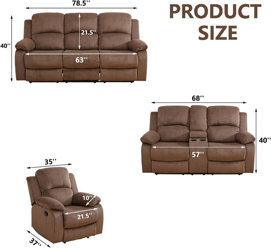 Manual Recliner Sofa Set,Microfiber Reclining Couch Set,Modern Living Room Furniture Set,Reclining Sofa Couch Chair for Living Room Home Office(Brown,3 Pieces Set)-1