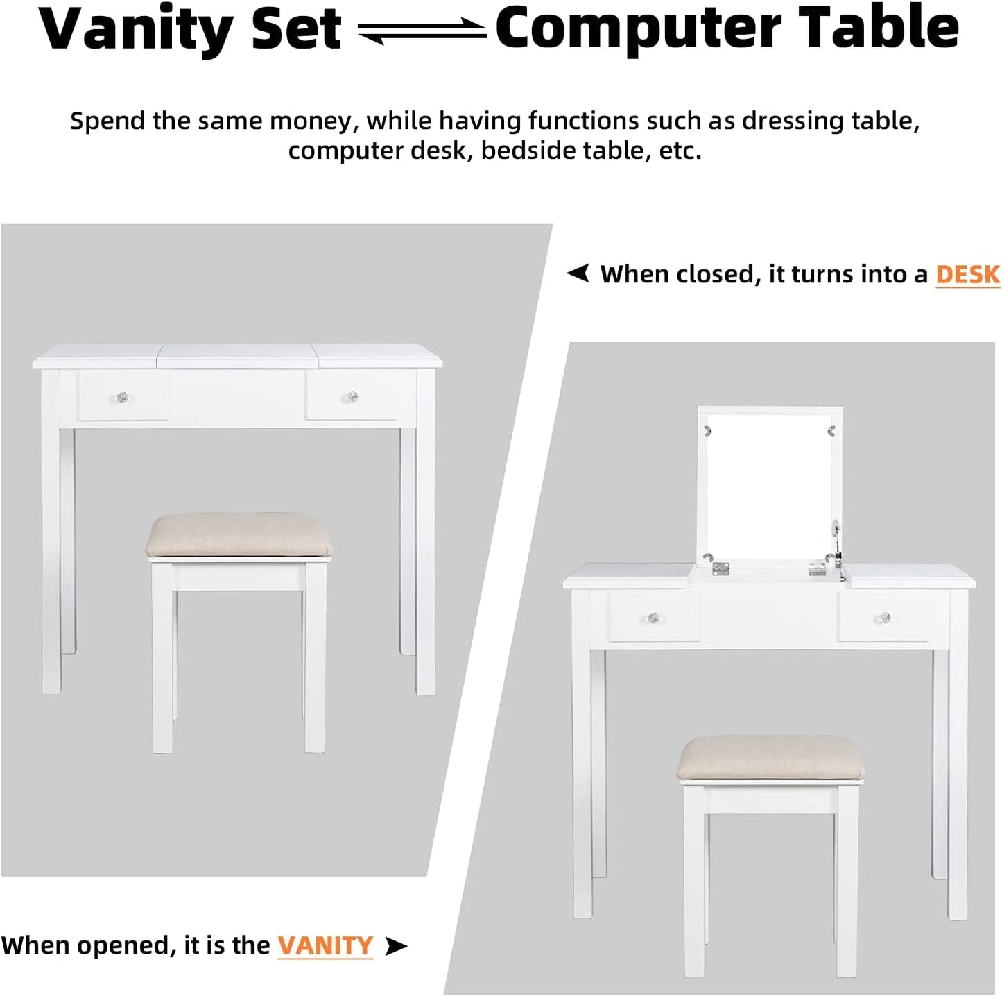 Vanity Table with Flip Top Mirror and Stool Set-3