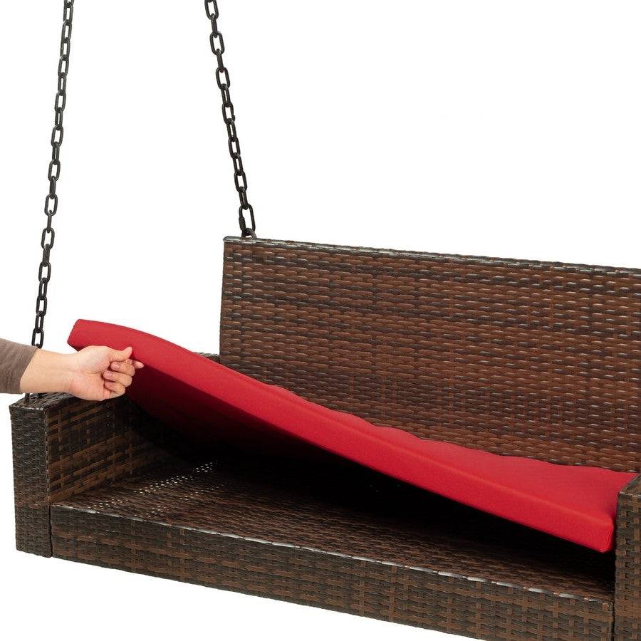 Brown Wicker Hanging Patio Porch Swing Bench w/ Mounting Chains and Red Seat Cushion-2
