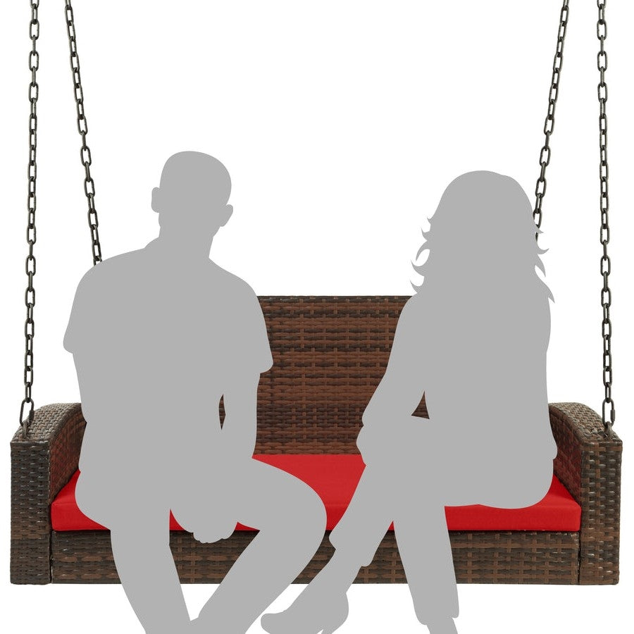 Brown Wicker Hanging Patio Porch Swing Bench w/ Mounting Chains and Red Seat Cushion-3