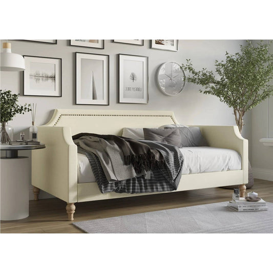 Twin size Beige Cream Polyester Fabric Upholstered Daybed with Nailhead Trim-1