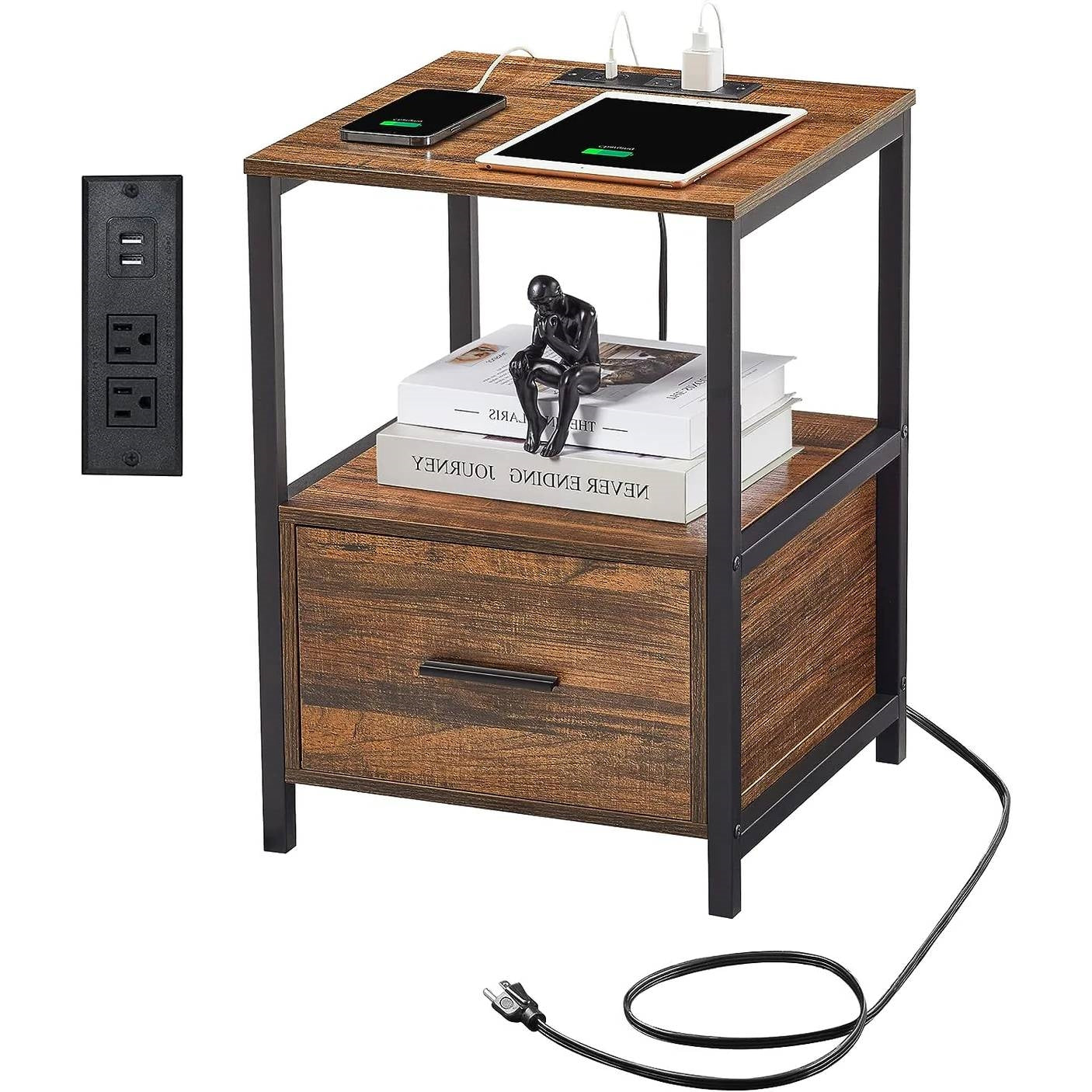 Modern Metal Wood Side End Table Nightstand Shelf with USB Charging Ports-0