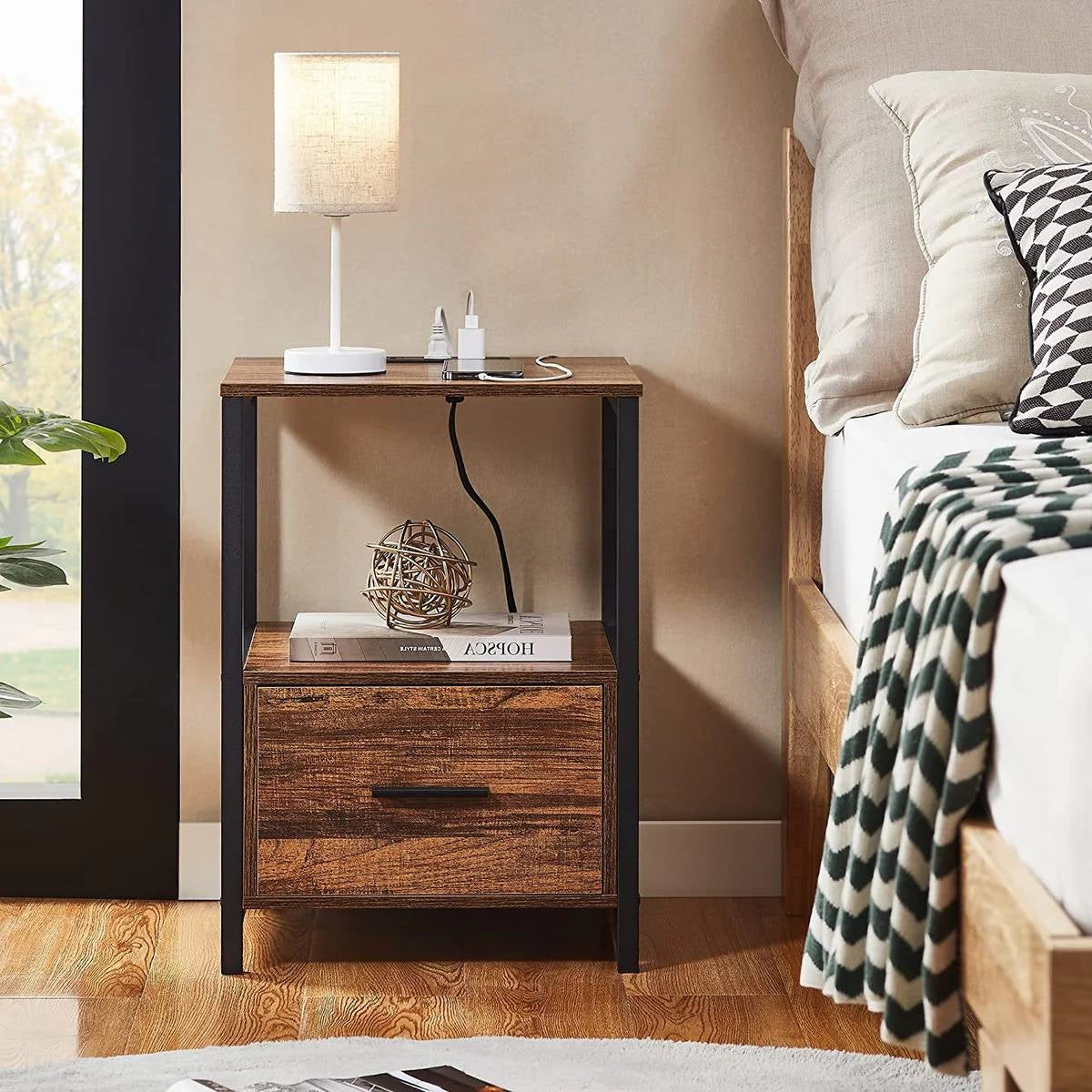 Modern Metal Wood Side End Table Nightstand Shelf with USB Charging Ports-2