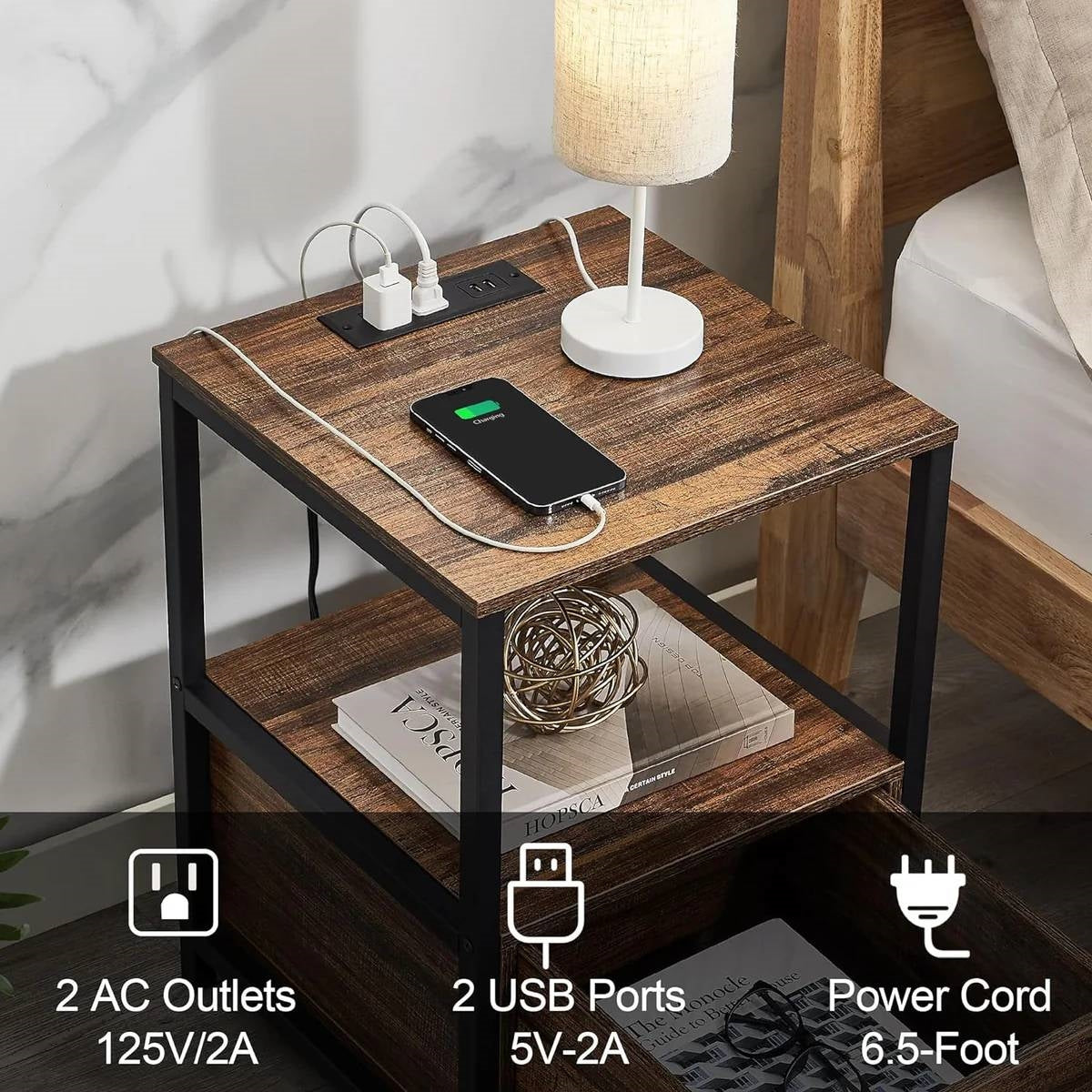Modern Metal Wood Side End Table Nightstand Shelf with USB Charging Ports-3
