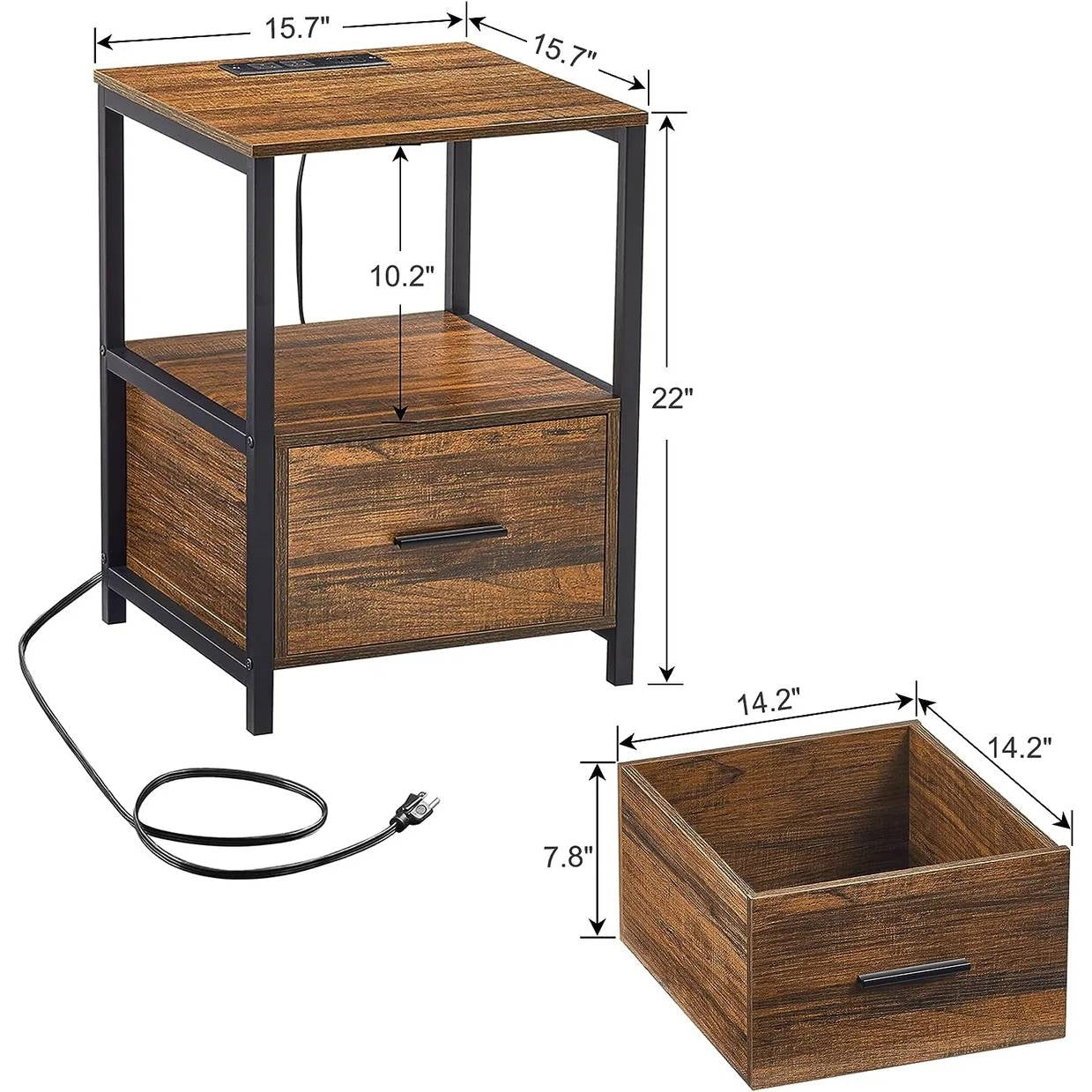 Modern Metal Wood Side End Table Nightstand Shelf with USB Charging Ports-4