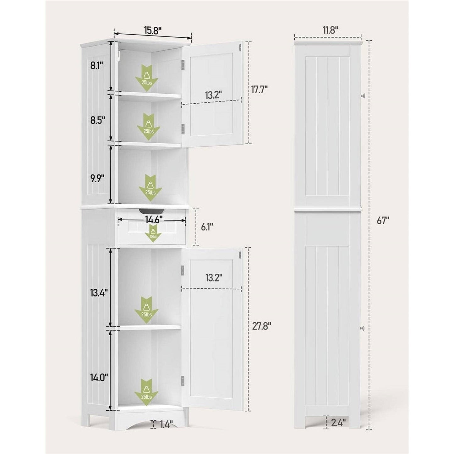 White Bathroom Linen Cabinet Tower with 2 Doors Storage Drawer and Shelf-4