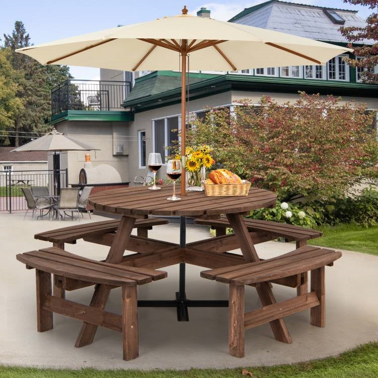 8-Set Outdoor Solid Wood Round Picnic Table with 4 Benches Patio Garden Dining Set-2