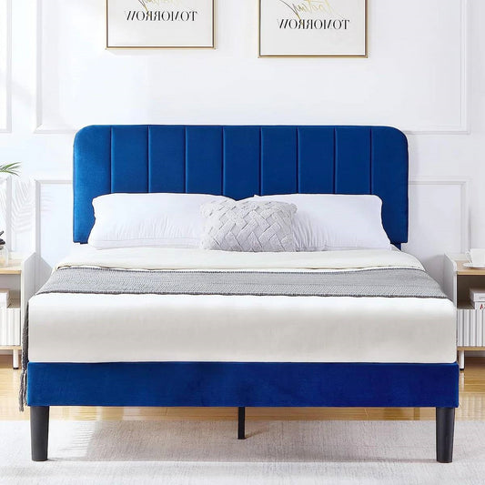 Full size Blue Upholstered Platform Bed Frame with Headboard-1