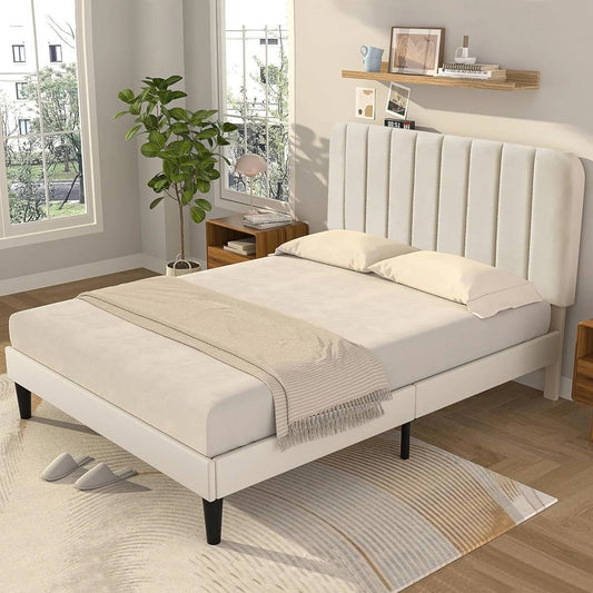 Full size Beige Upholstered Platform Bed Frame with Headboard-1