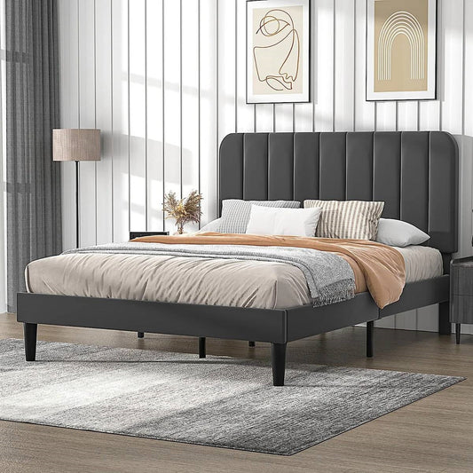 Full size Dark Grey Upholstered Platform Bed Frame with Headboard-1