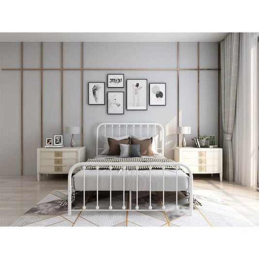 Full size Classic White Metal Bed Frame with Slatted Headboard and Footboard-1