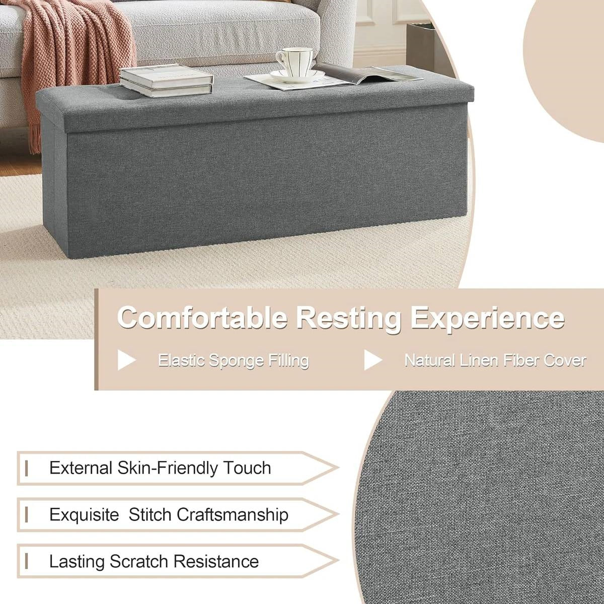 Dark Grey Linen Upholstered Bedroom Living Room Entryway Storage Bench Ottoman-2