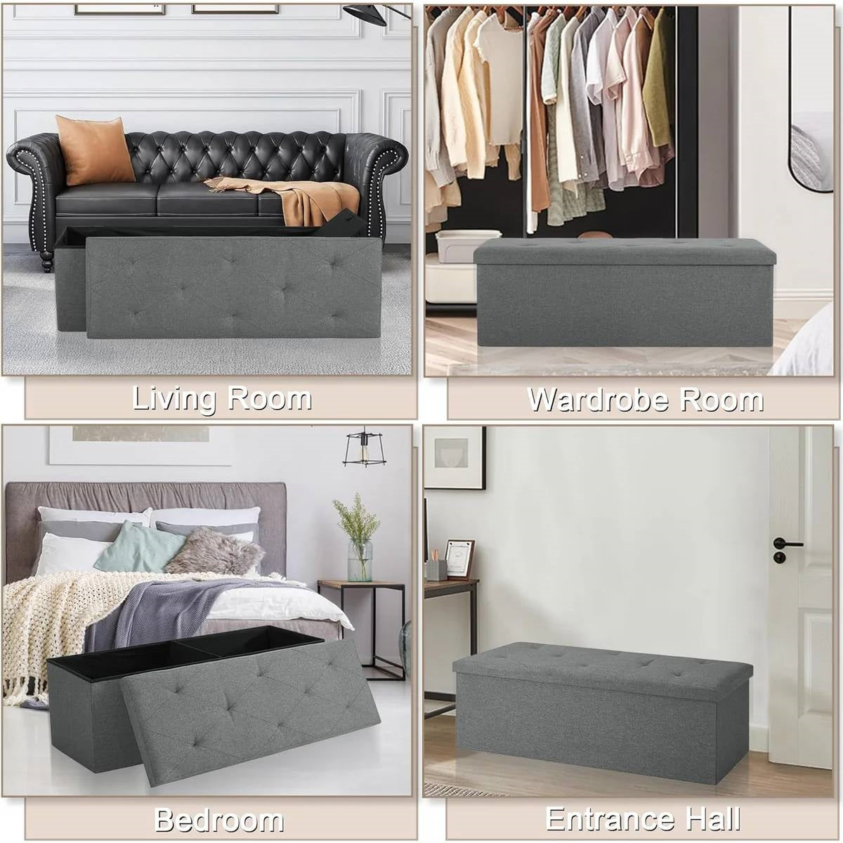 Dark Grey Linen Upholstered Bedroom Living Room Entryway Storage Bench Ottoman-3