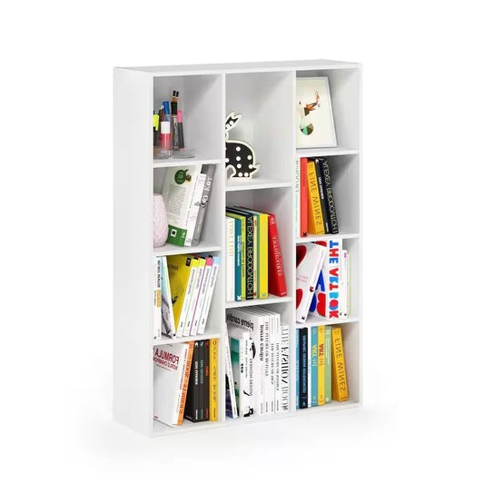 Modern 42-inch High Bookcase with 11-Cube Open Shelves in White Wood Finish-1