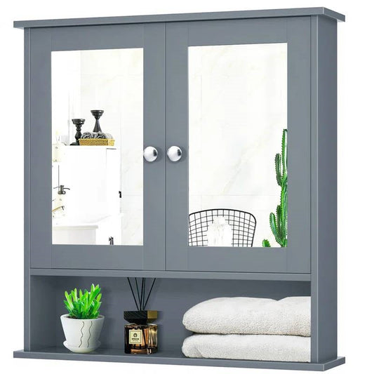 Grey Wood Bathroom Wall / Medicine Cabinet with Mirrored Doors and Shelf-1