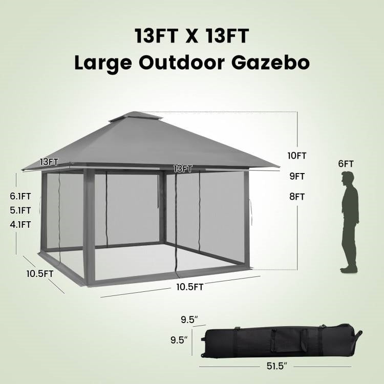 Grey 13 x 13 Ft Pop-Up Gazebo Outdoor Canopy w/ Mesh Mosquito Netting Sidewalls-4