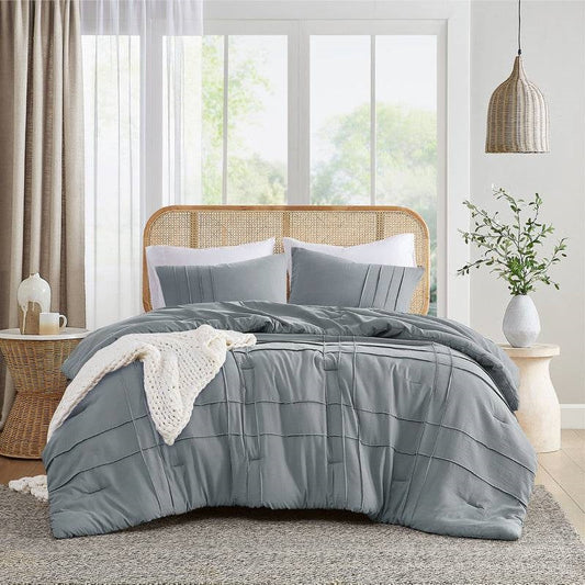 Full/Queen size Pleated Pre-Washed Microfiber Comforter Set in Blue Grey-1