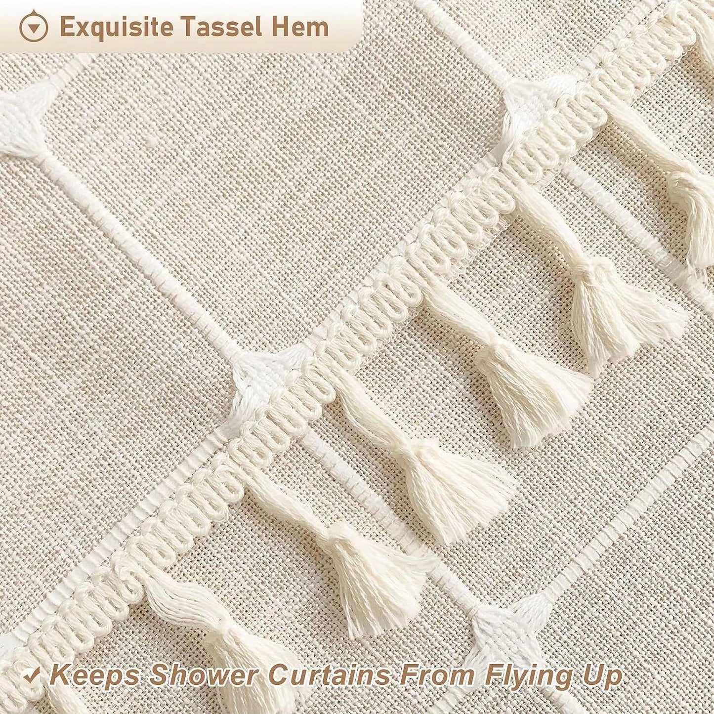 72-inch Farmhouse Beige Cotton Linen Blend Shower Curtain with Boho Tassels-4