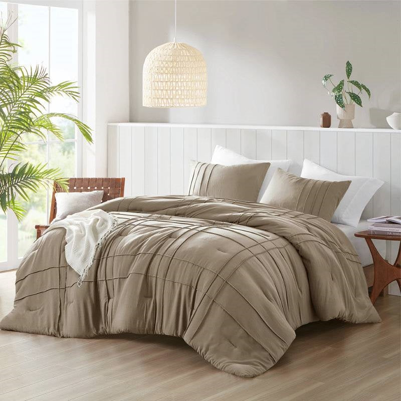 Queen size Microfiber Pleated Soft Lightweight Comforter Set Tan Khaki Taupe-1