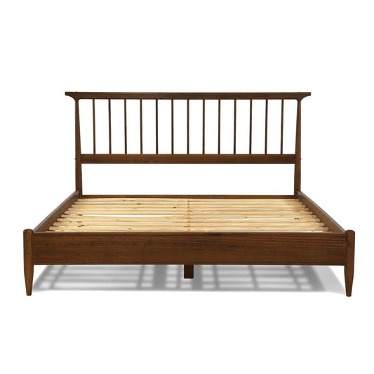 Queen Size Hardwood Mid Century Platform Bed Frame with Headboard in Walnut-1