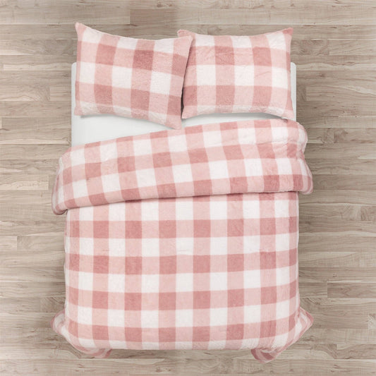 Twin Size Plaid Soft Faux Fur Comforter Set in Pink Blush-1