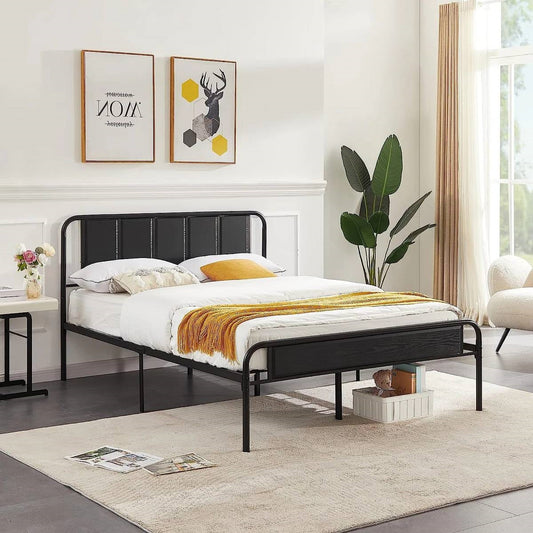 Queen size Black Wood Metal Platform Bed Frame with Rounded Headboard Footboard-1