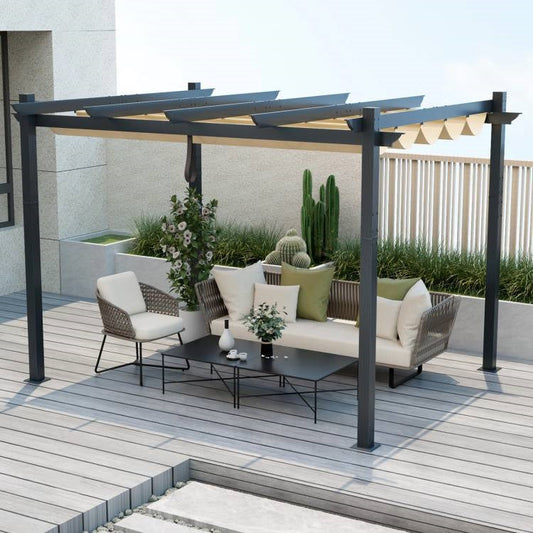 Modern 10 x 12 Ft Outdoor Sturdy Pergola Gazebo with Retractable Beige Canopy-1