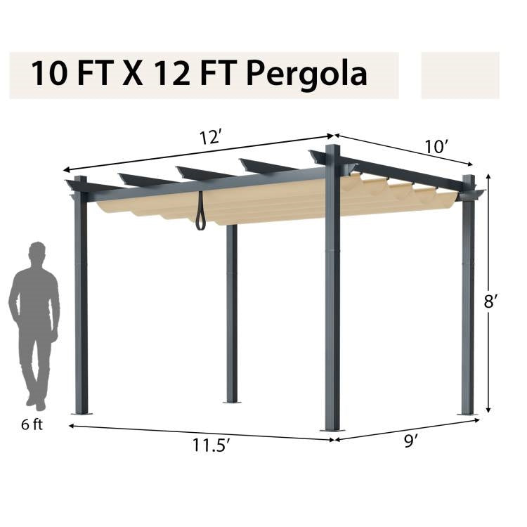 Modern 10 x 12 Ft Outdoor Sturdy Pergola Gazebo with Retractable Beige Canopy-4