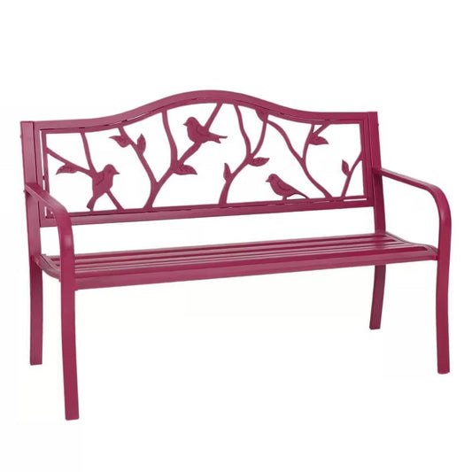 Red Steel Frame Outdoor Patio Garden Bench with Bird Branch Pattern Backrest-1