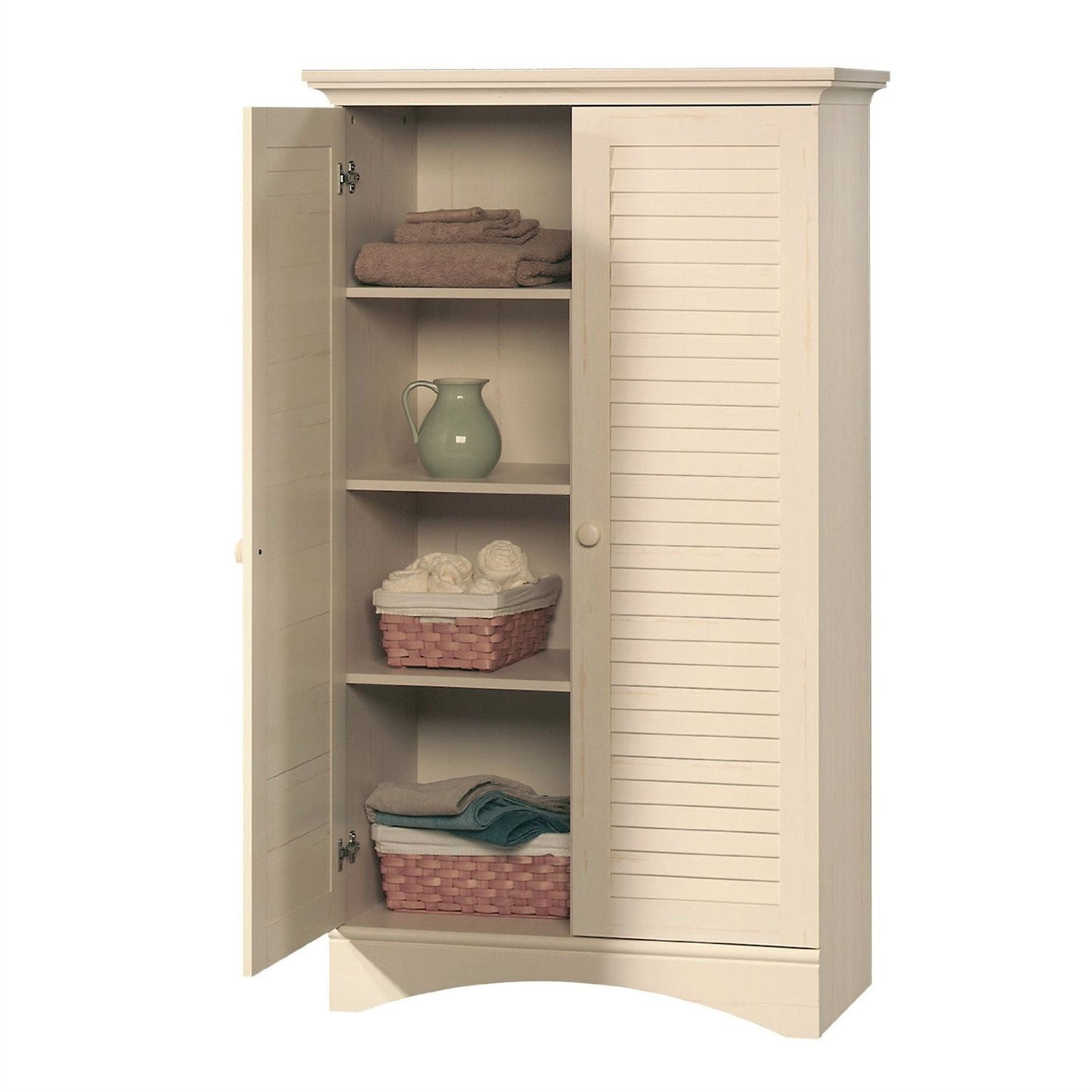 Antique White Finish Wardrobe Armoire Storage Cabinet with Louver Doors-1