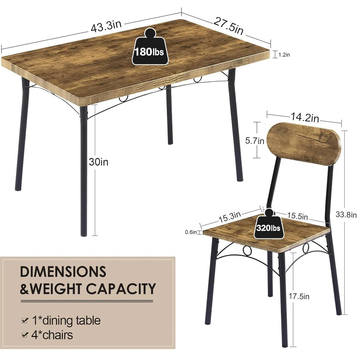Modern Industrial 5-Piece Dining Set with Wood Top Table and 4 Chairs-4