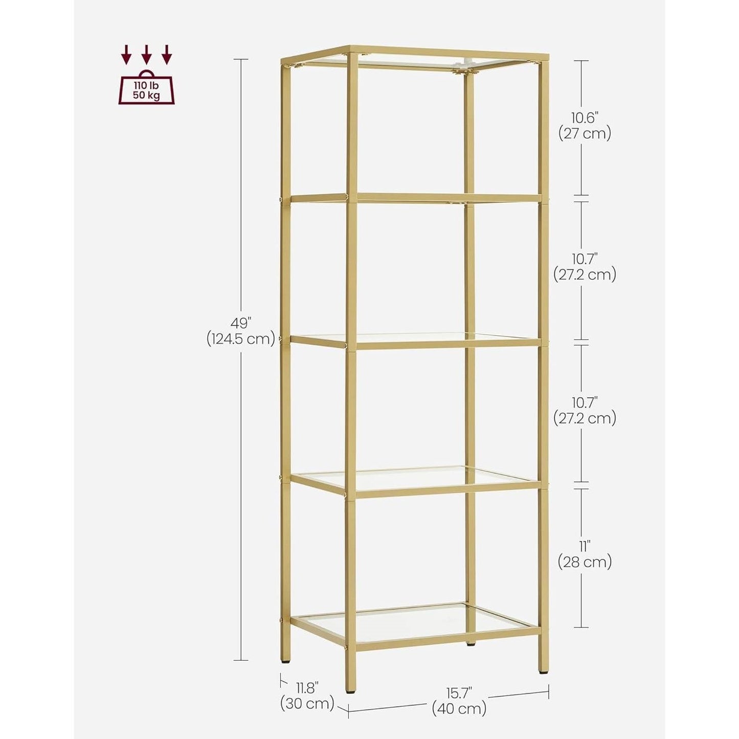 Narrow Gold Metal Frame Glass Shelves Shelving Unit Slim 4-Shelf Bookcase-4