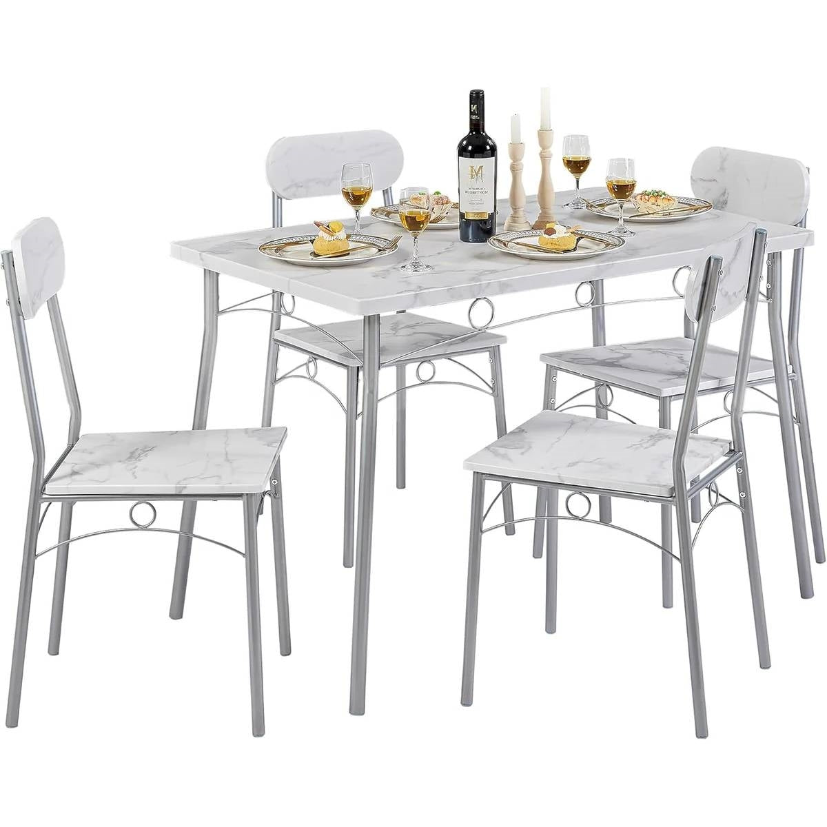 Modern 5-Piece Dining Set with White Faux Marble Top Table and 4 Chairs-1