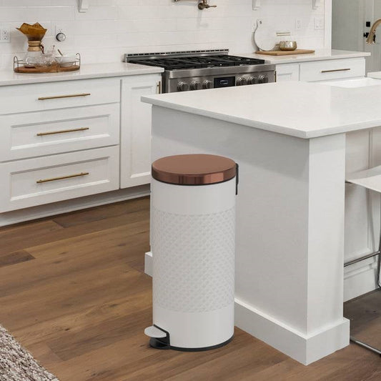 Hands Free White/Gold Metal Step On Trash Can - 8 Gallons-1
