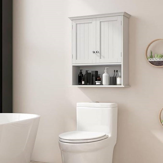 Wall Mounted Bathroom Medicine Cabinet with Open Storage Shelf in White-1