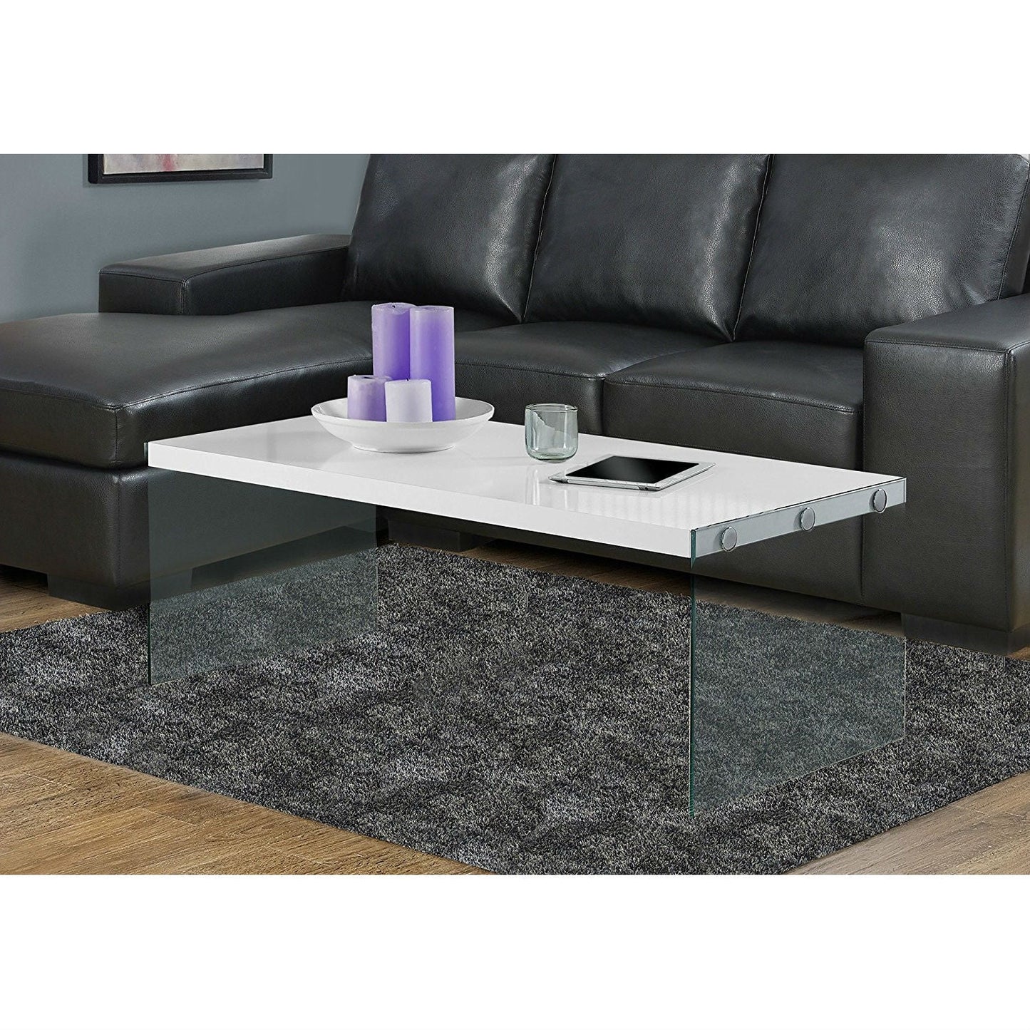 White Modern Rectangular Coffee Table with Tempered Glass Legs-2