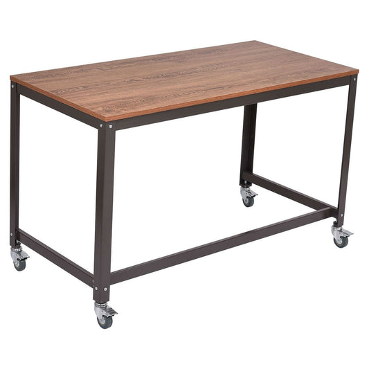 Industrial Modern Steel Frame Wood Top Computer Desk with Locking Wheels-1