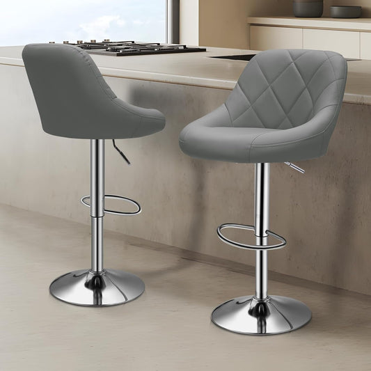 Bar Stools Set of 2 for Kitchen Counter, Height Adjustable Swivel PU Leather Barstools, Modern Bar Chair with Back and Footrest,Gray-1