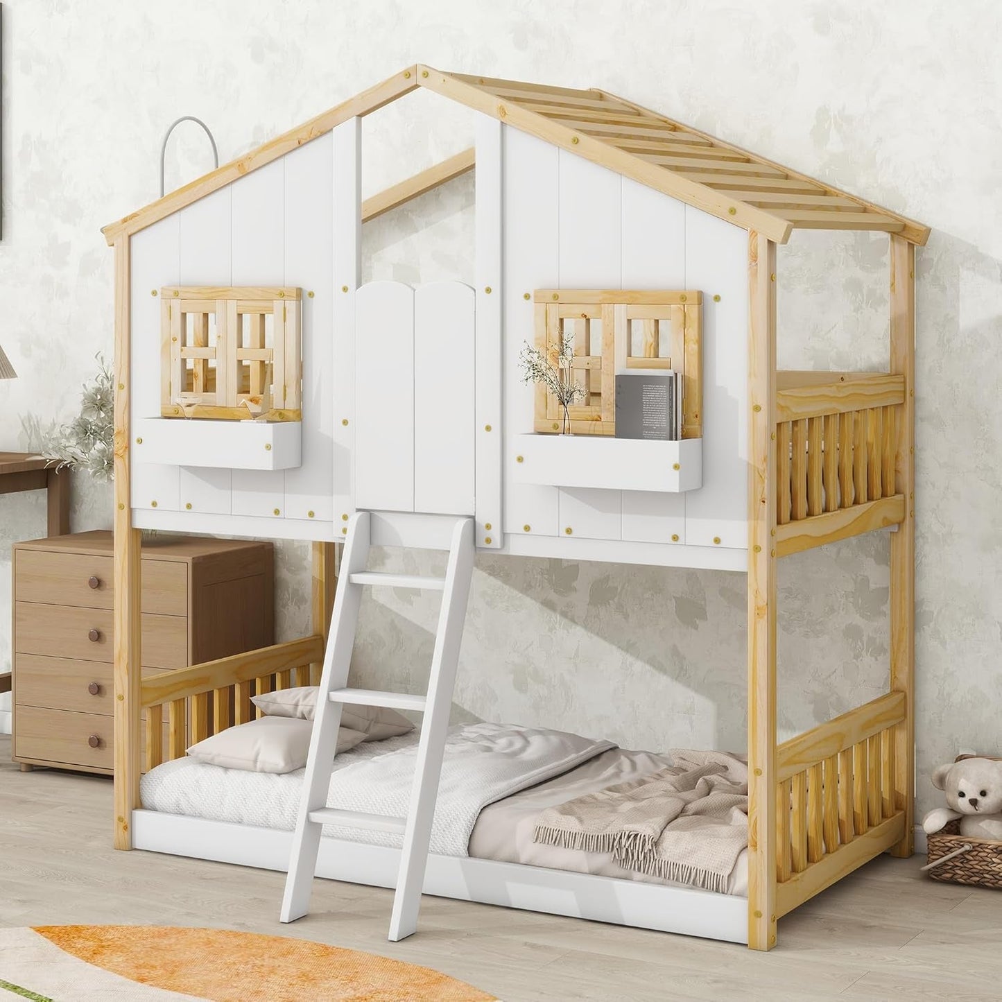 House Bunk Bed Twin over Twin for Kids, Wood Bunk Beds with Roof, Windows, Window Box and Small Door, Floor Bunk Beds with Ladder and Guard Rails for Girls Boys,Natural-0