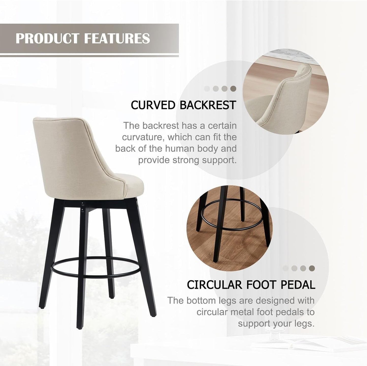 Bar Stools Set of 2, Swivel Barstools with Backs and Wood Legs, 27" Linen Fabric Upholstered Bar Chairs for Kitchen Island, Dining, Cafe, Pub(Linen)-4