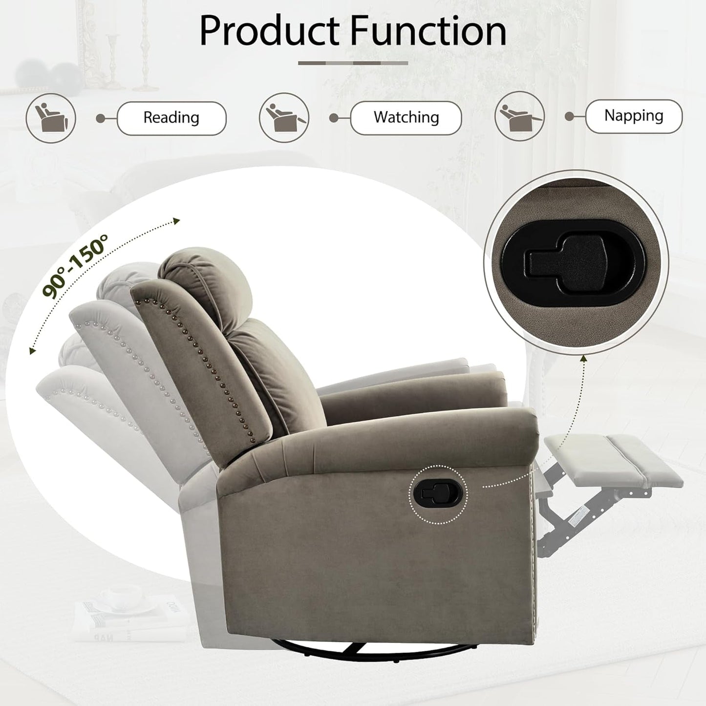 Light Brown Velvet Swivel Rocker Recliner Nailhead-4