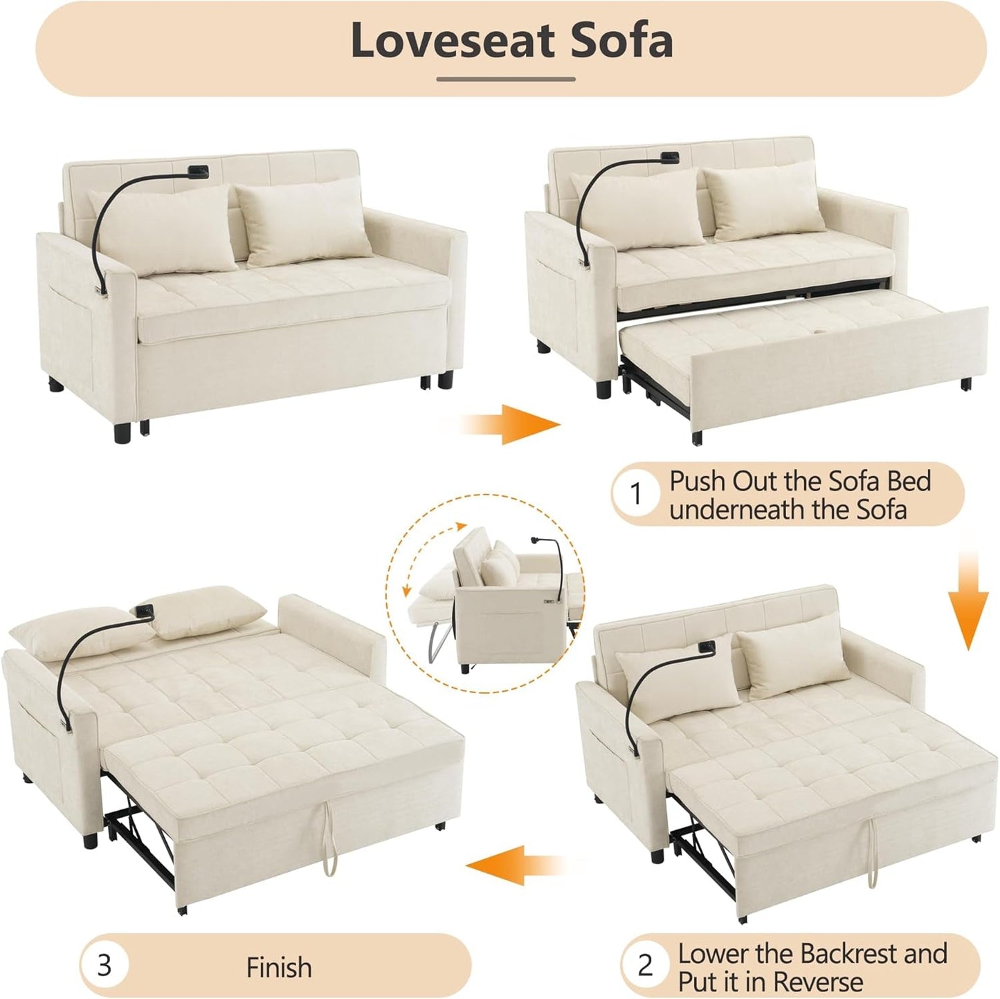 Beige Chenille Pull-Out Sleeper with USB & Holder-4