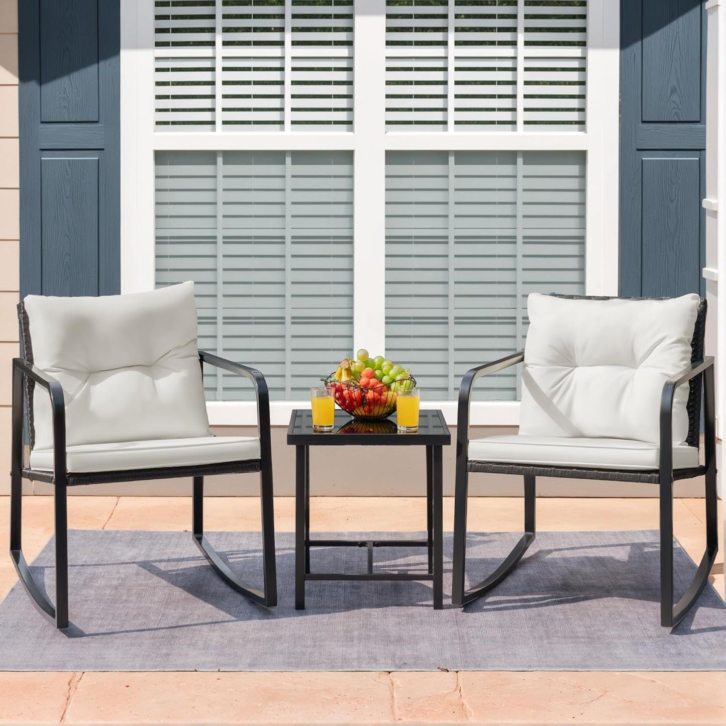 Patio Chairs 3 Piece Wicker Rocking Chair Outdoor Bistro Sets with Coffee Table and Cushions Metal Frame Patio Furniture for Porch, Balcony, Lawn (White)-1