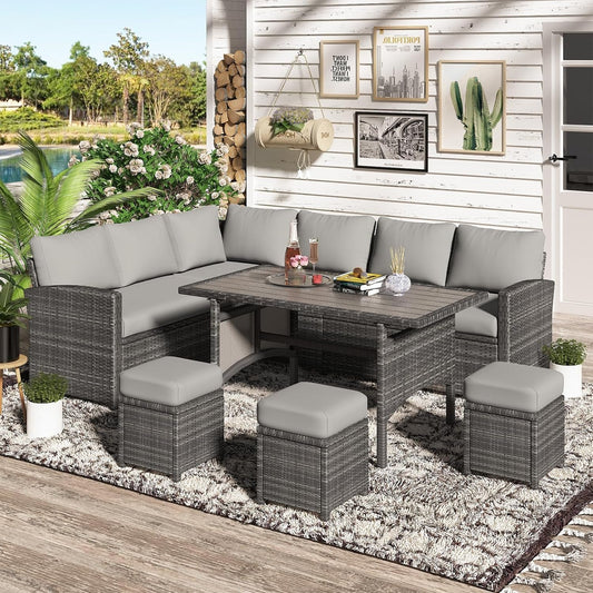 Patio Furniture Set with Cover, 7 PCS Outdoor Sectional Conversation Set, All Weather Wicker Rattan Sofa Couch with High Dining Table & Ottoman, Grey-1