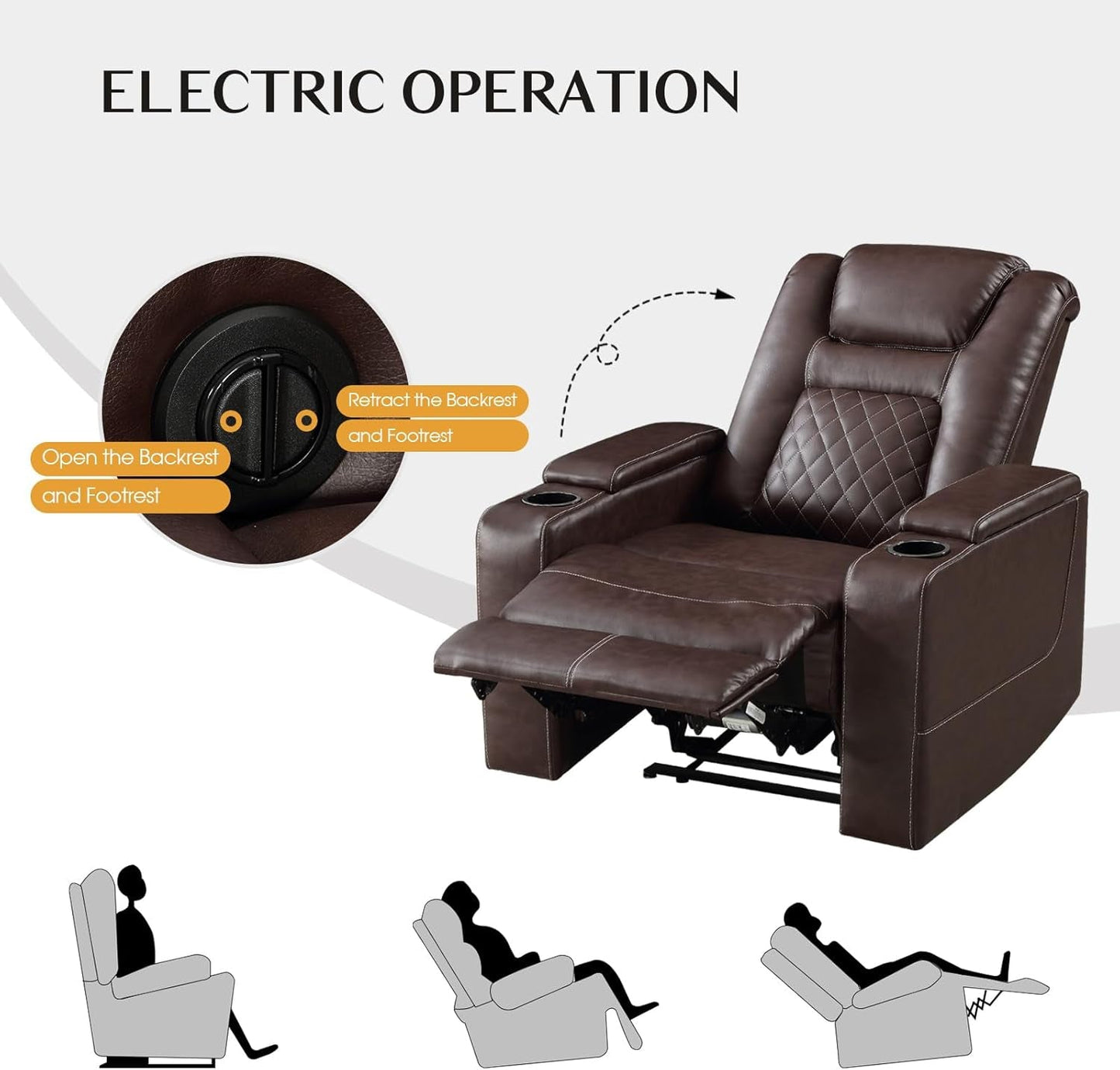 Electric Power Recliner Chair with USB Ports and Cup Holders, Breathable Leather Home Theater Seating with Hidden Arm Storage (Red Brown)-4