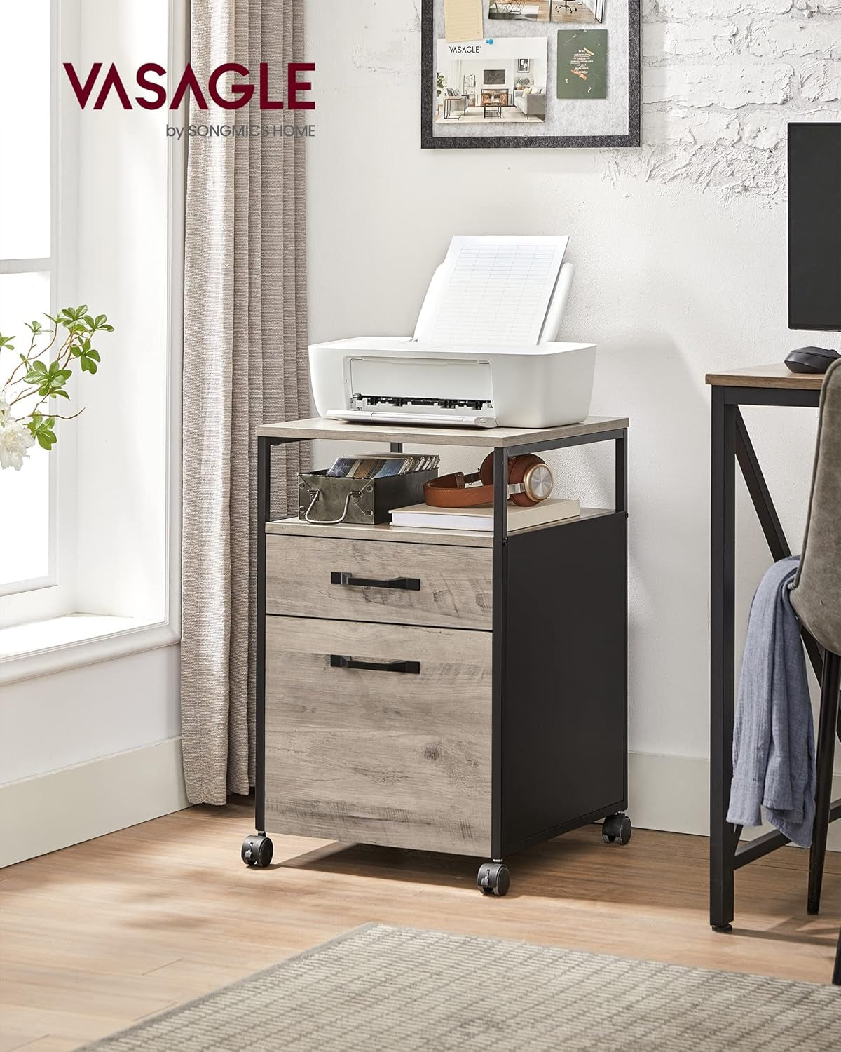 File Cabinet, Mobile Filing Cabinet with Wheels, 2 Drawers, Open Shelf, for A4, Letter Size, Hanging File Folders, Heather Greige and Ink Black UOFC071B02-1