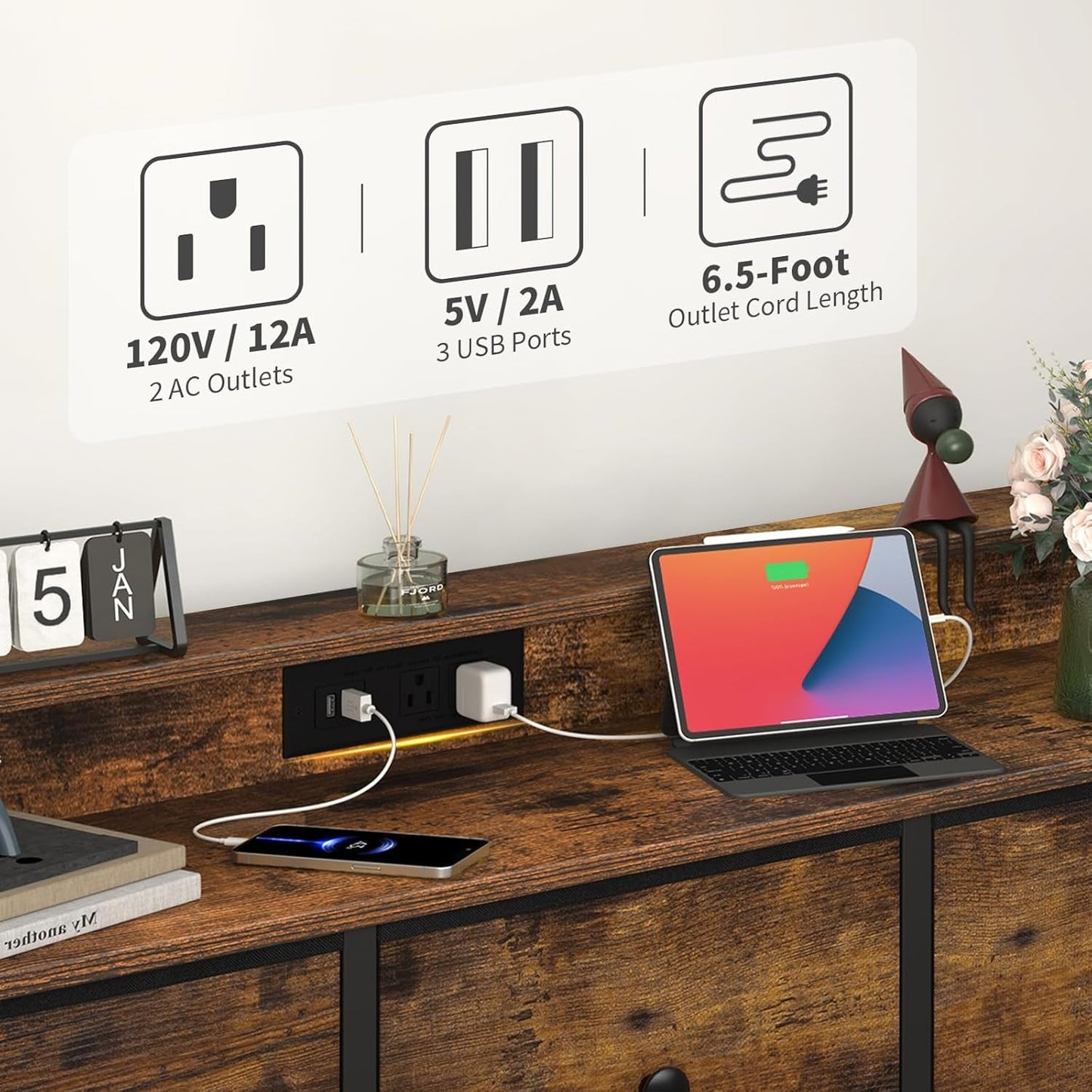 Dresser for Bedroom with Charging Station and LED Lights, Tall Dresser TV Stand with 10 Storage Drawers,Fabric Dressers & Chests of Drawers,Wood Dresser for Bedroom Closet Organizer,Brown-4