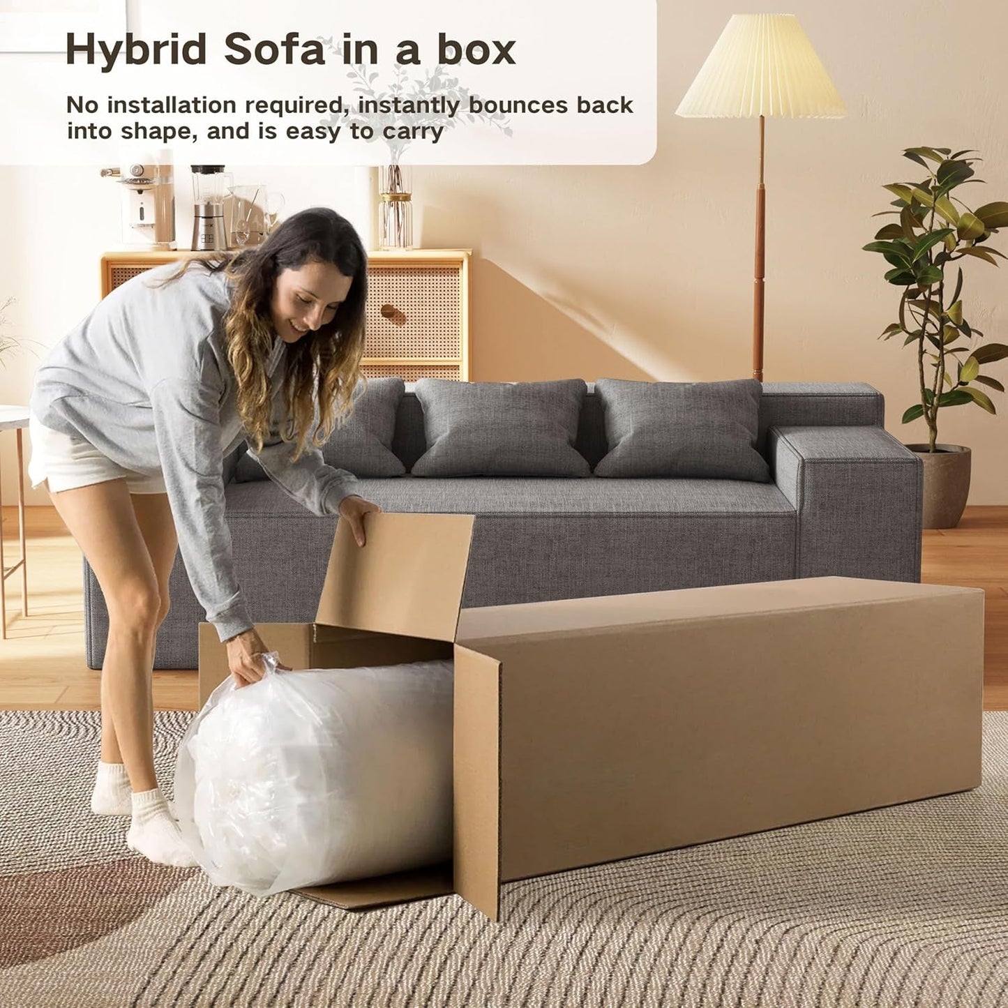 Modern 3-Seater Sofa, Hybrid Sofa in a Box, No Assembly Required, Comfy Sofa Couch with 3 Matching Pillows, Cat-Scratch Resistant Linen, Couch for Living Room or Bedroom, Grey-4