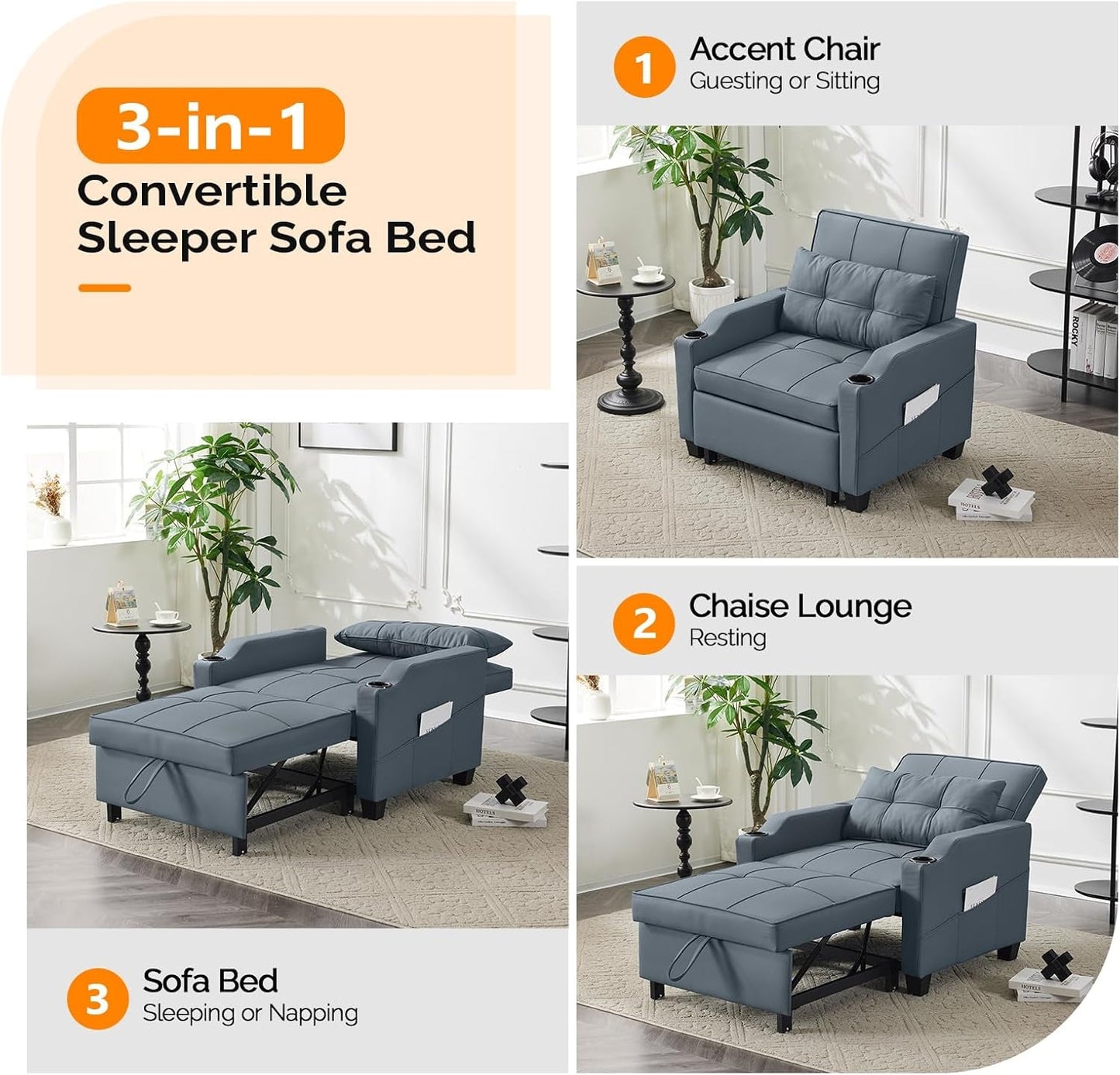 Sofa Bed Chair Recliner, 3-In-1 Convertible Sleeper Sofa Chair Bed Blue Gray Daybed Pull Out Couch Bed with Adjustable Backrest, USB Ports, Cup Holders for Small Spaces Living Room-3